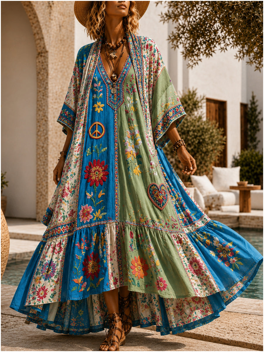 Retro Style Art Printed Vintage Camisole Dress Long Sleeve Two-Piece Maxi Dress